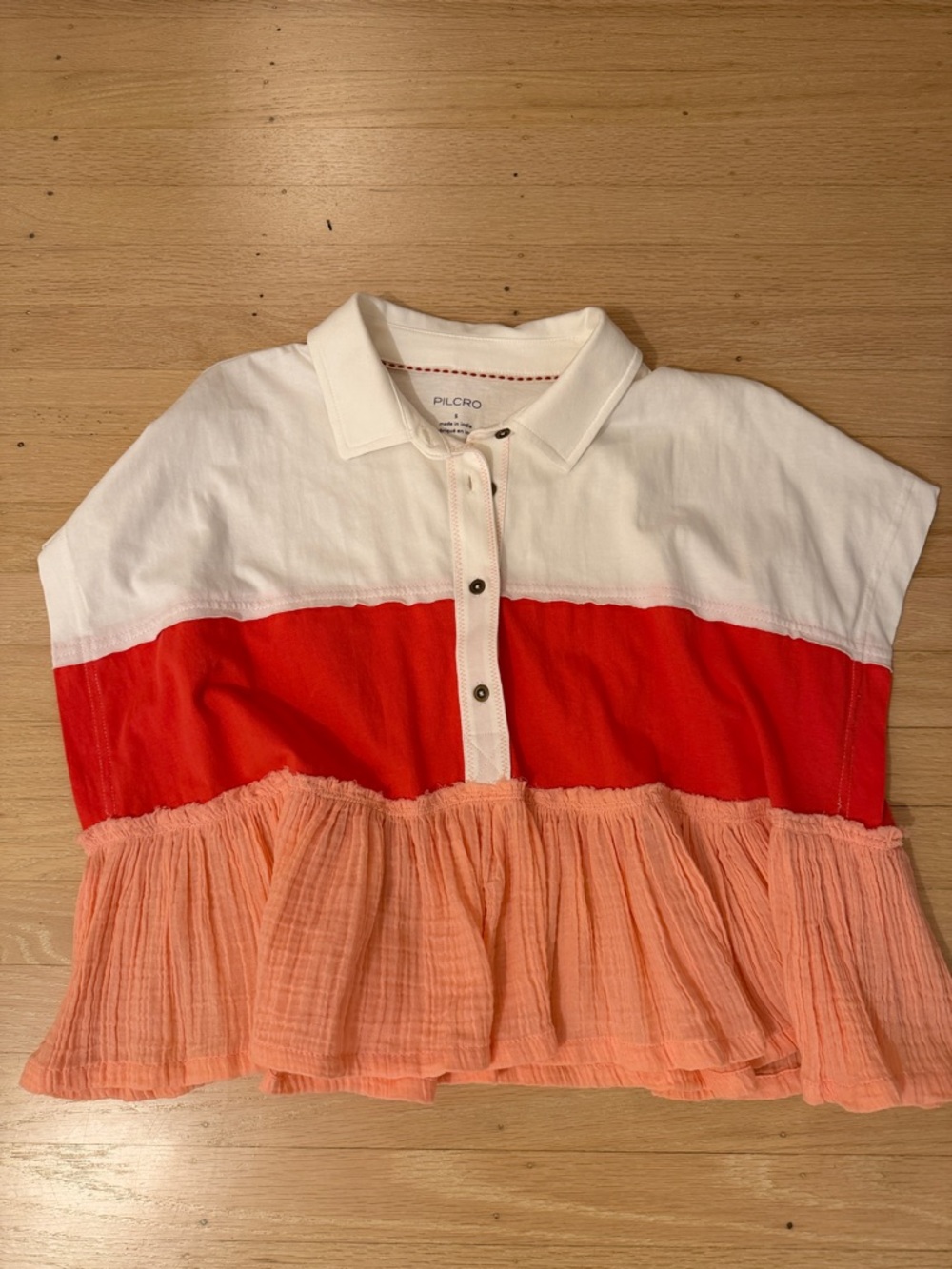 Pilcro Anthropologie White, Red & Peach Colorblock Ruffle Polo Top